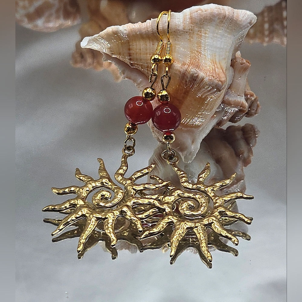 Gold Sunburst Earrings with Red Accents